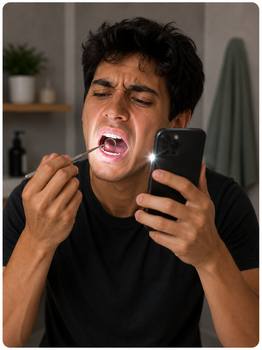 Ernesto ampliando en el celular una vista de sus dientes
