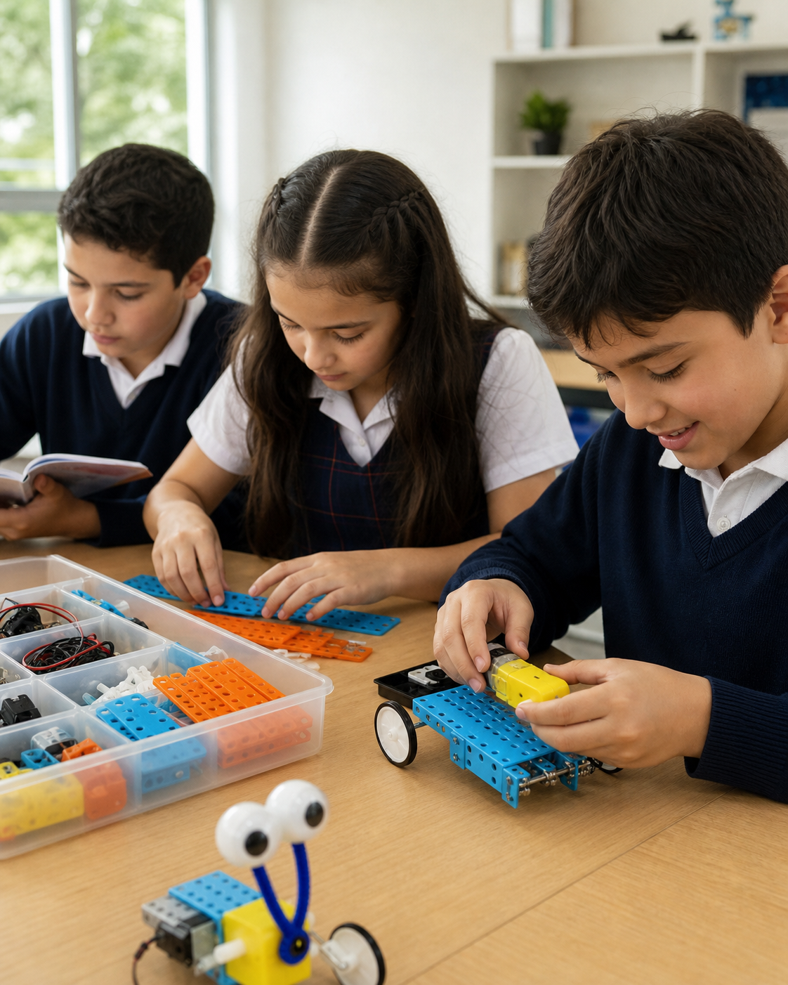 Equipos escolares armando robots con apoyo del manual