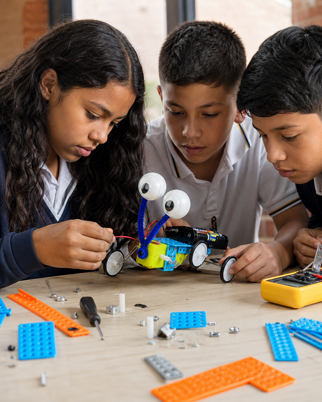 Estudiantes siguiendo el manual de Robot STEAM