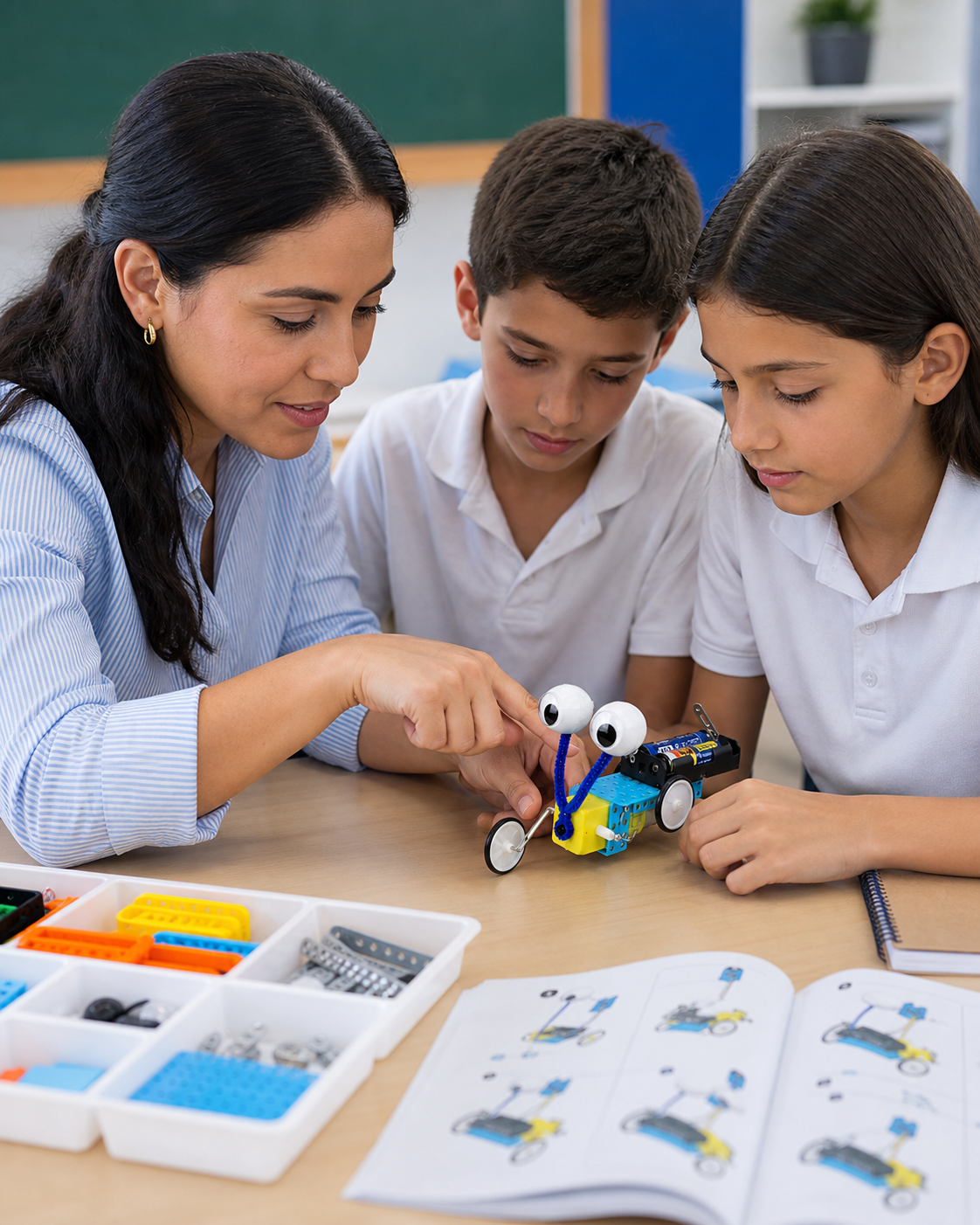 Estudiantes construyendo robots STEAM en mesas de trabajo