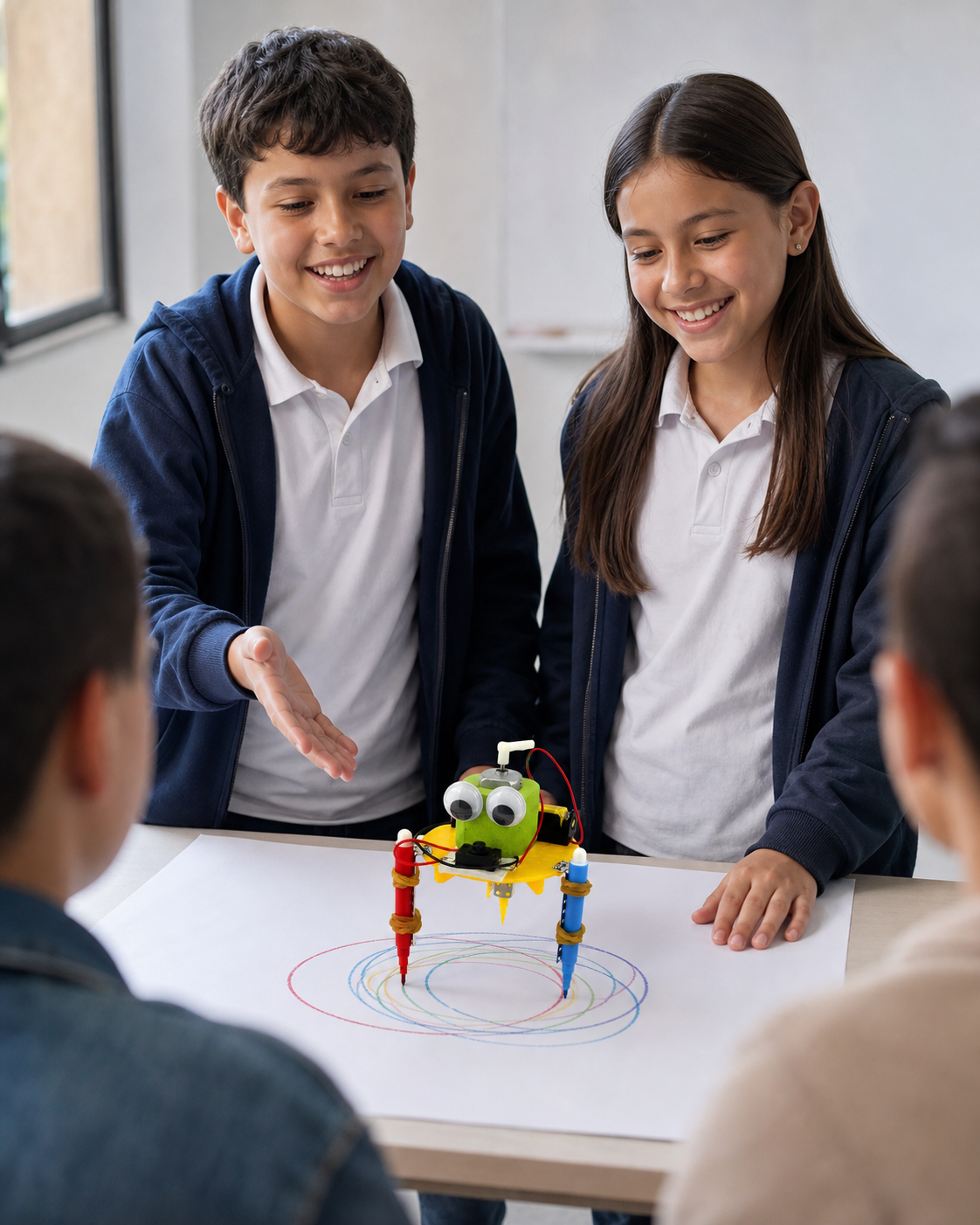 Estudiantes organizando piezas para construir un robot