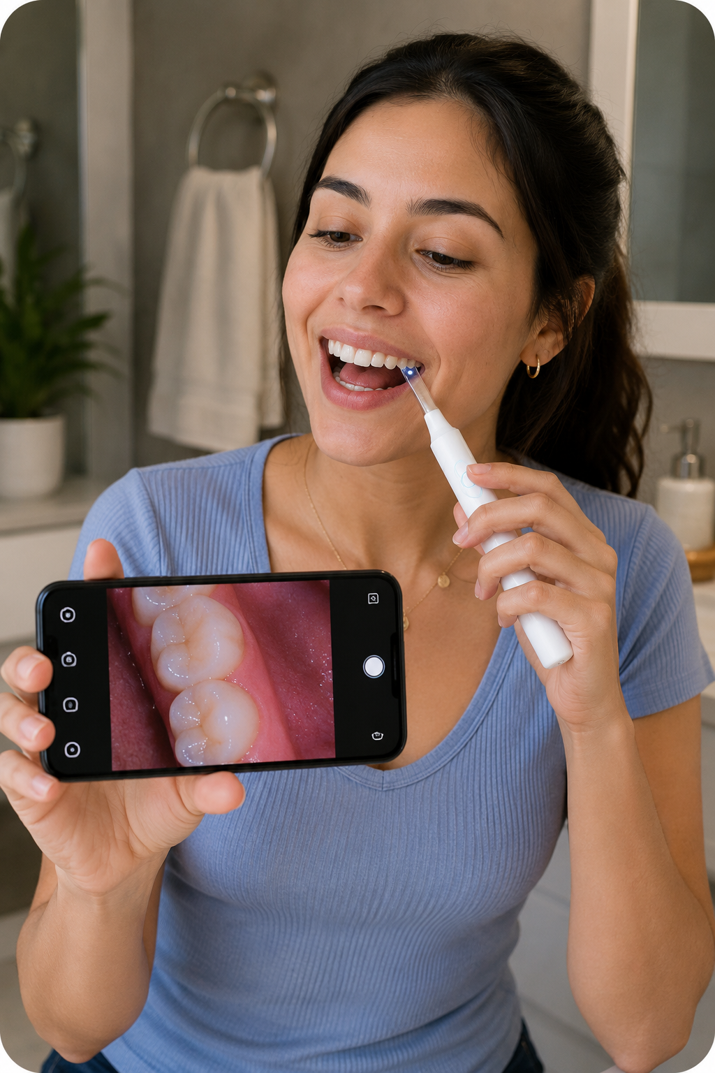 Cámara intraoral mostrando una vista dental realista en el celular