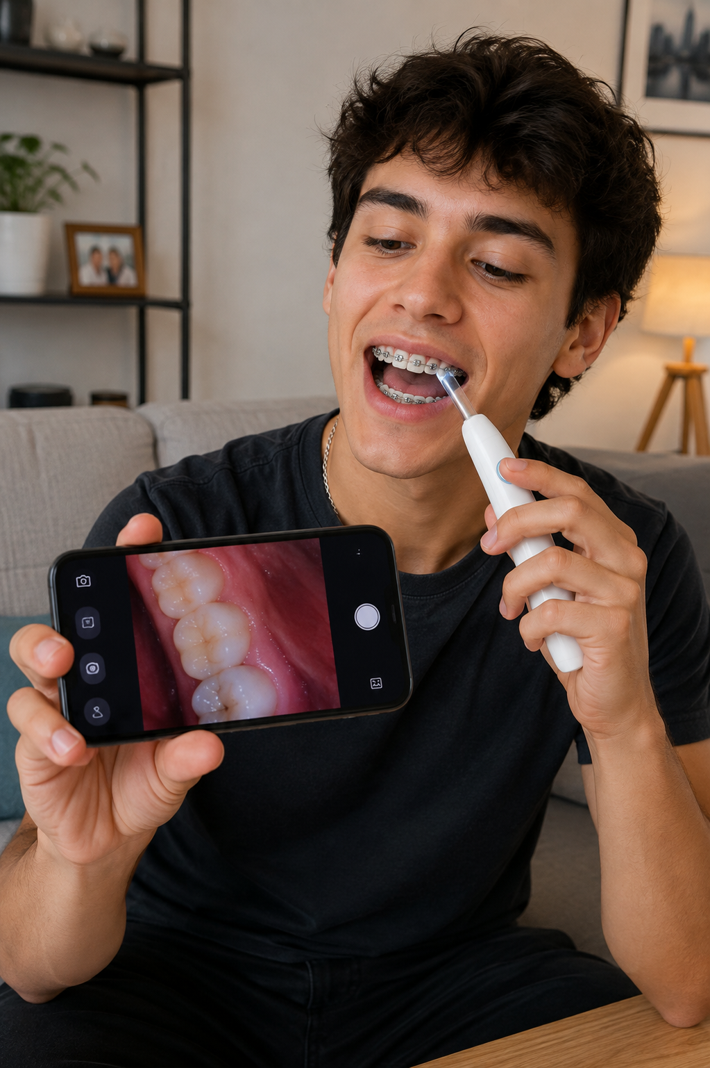 Hombre observando una zona posterior de sus dientes con una cámara intraoral