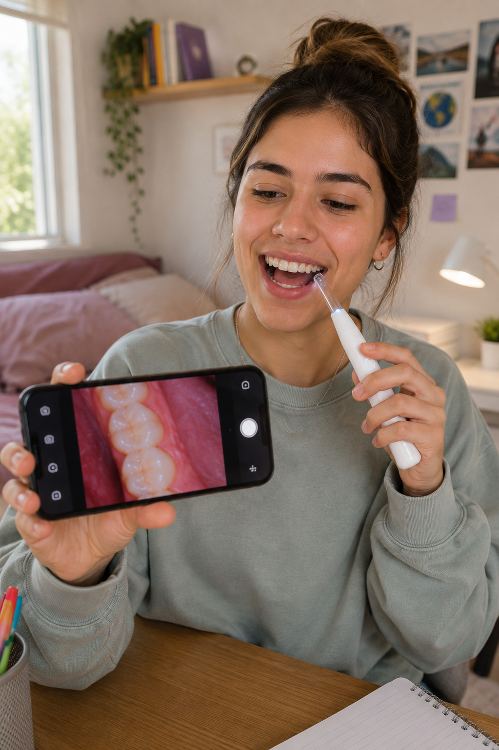 Ernesto ampliando en el celular una vista de sus dientes