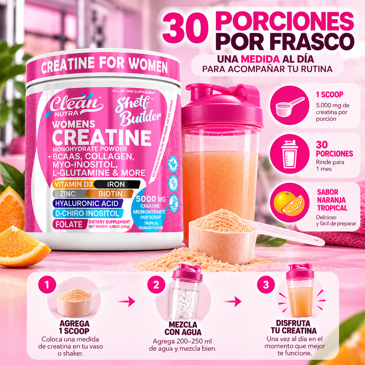 Prepara tu creatina en 3 pasos: agrega un scoop, mezcla con tu bebida y disfruta