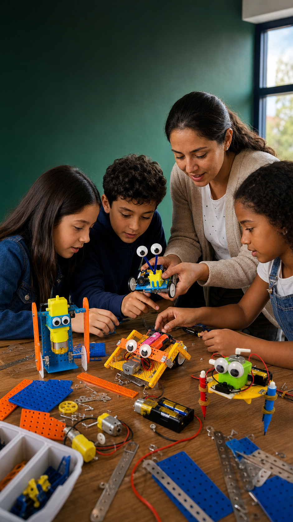 Estudiantes construyendo robots STEAM en el colegio