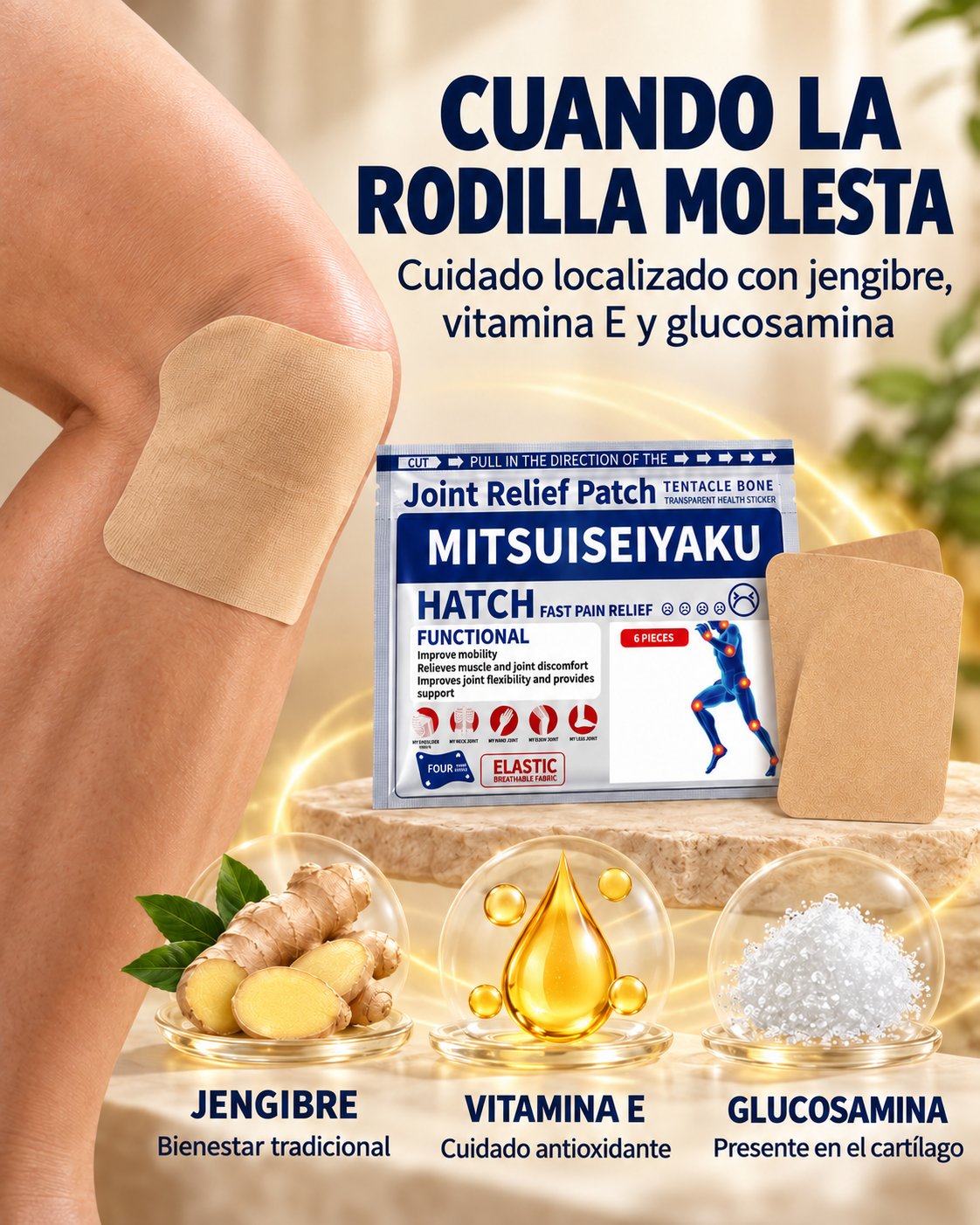 Infografía legible: jengibre para bienestar botánico, tocoferol o vitamina E con acción antioxidante y glucosamina para cuidado articular