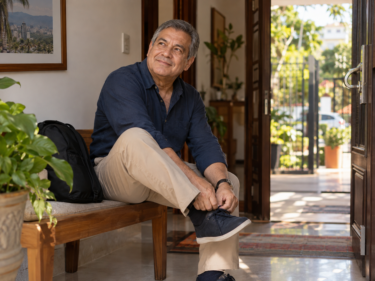 Hombre adulto preparándose para salir de casa